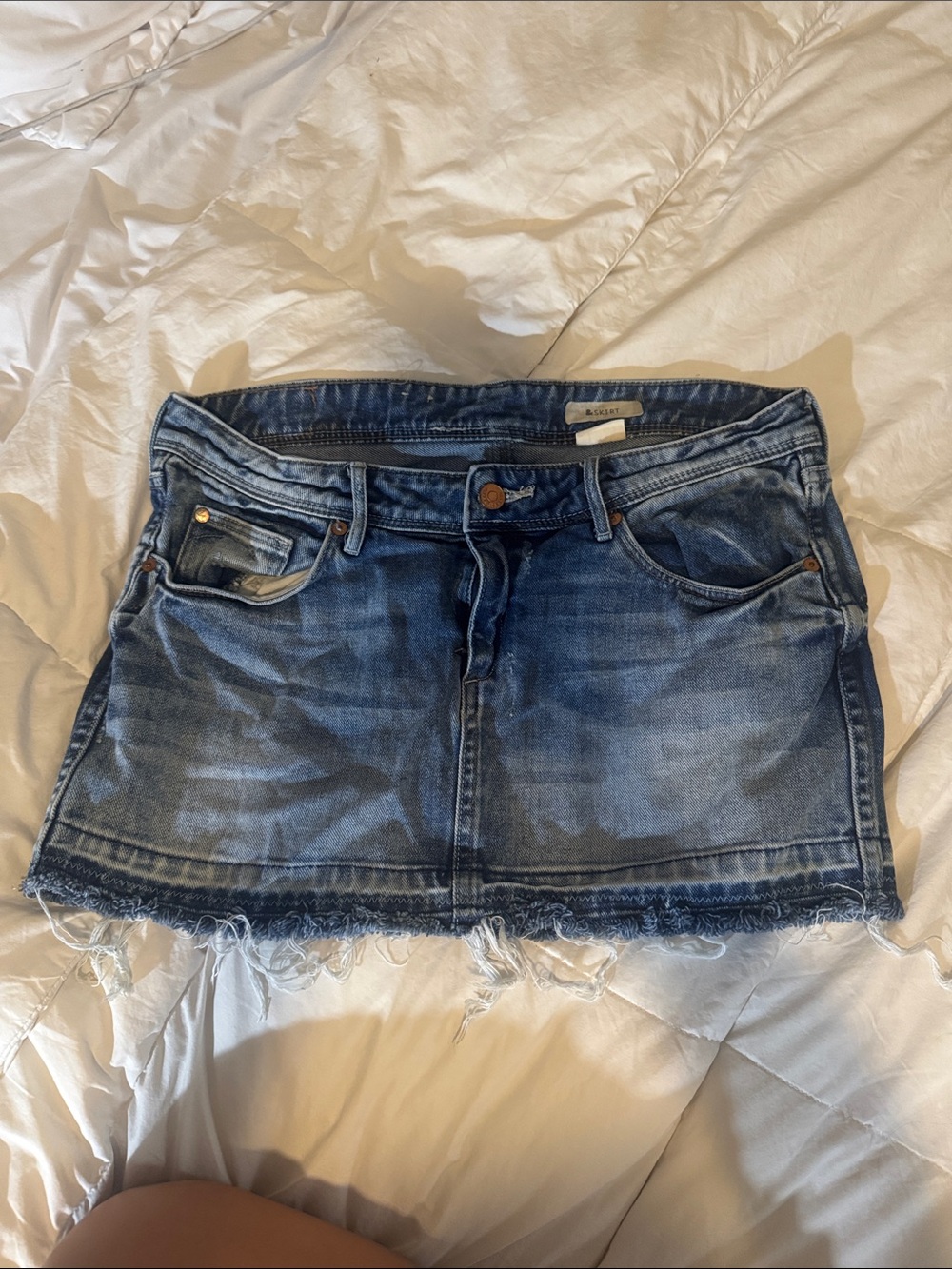 100% cotton Denim Mini Skirt - Blue Frayed Hem